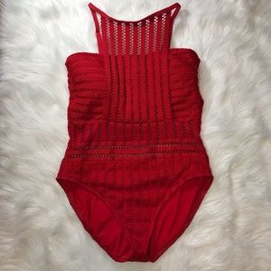 Kenneth Cole One Piece Red Crochet Swim Suit